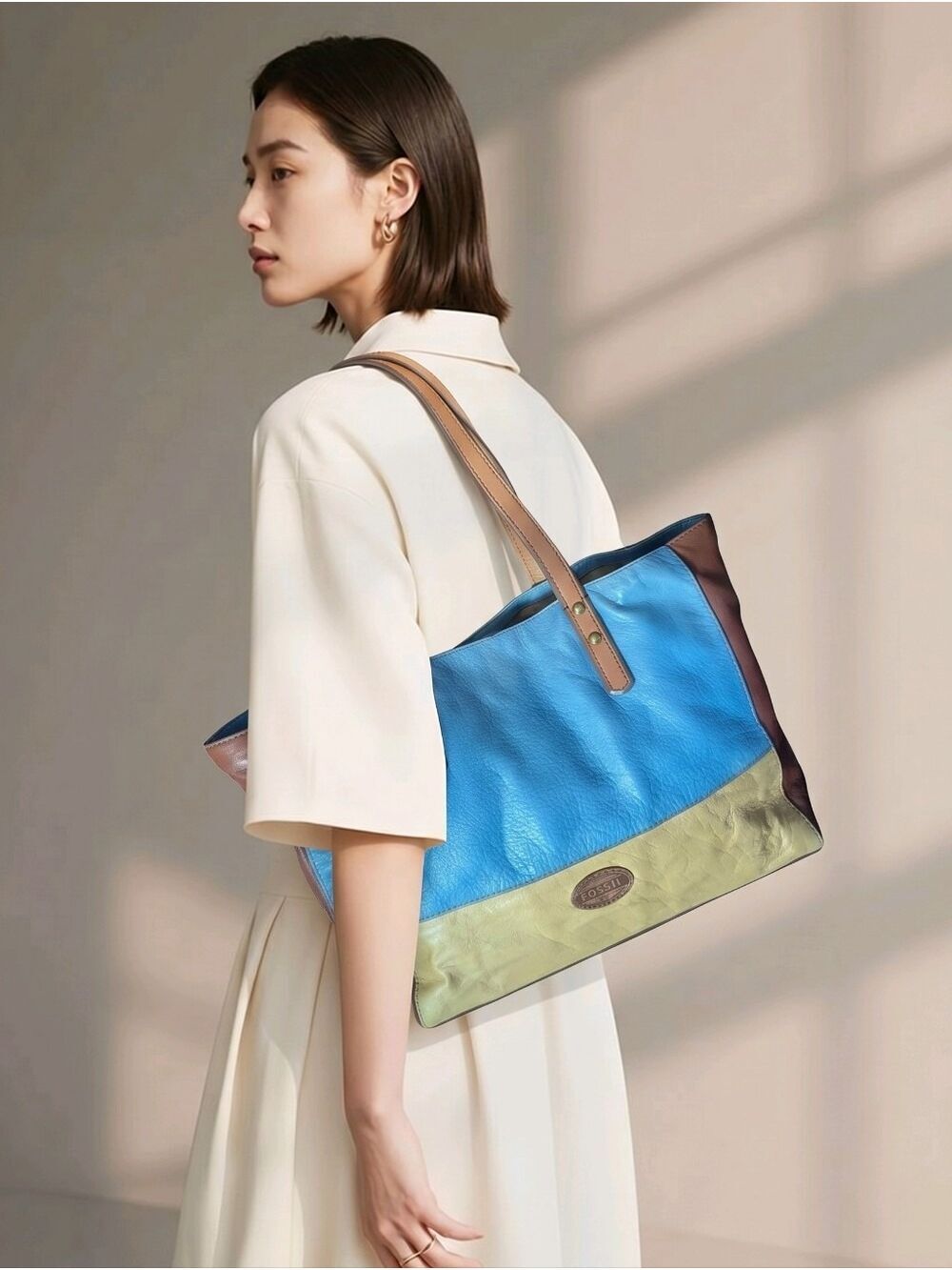 Fossil Colour Block Leather Tote Bag